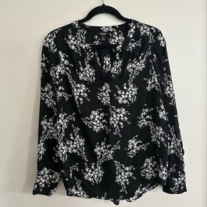 Black long sleeve blouse with v-neck and mandarin collar